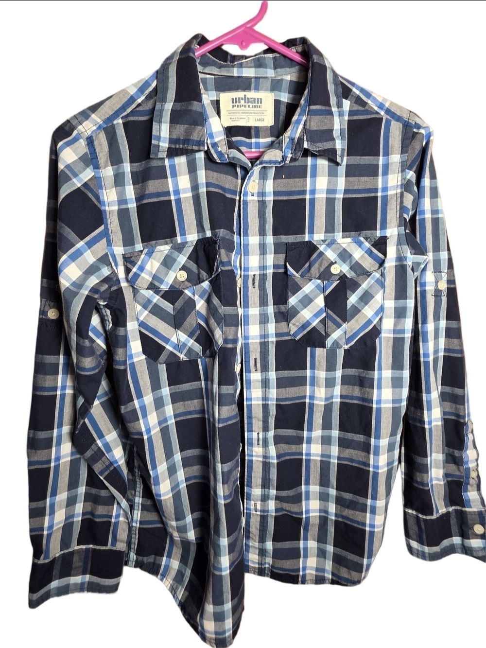 urban pipeline Blue and Light Blue Plaid Button-Down Shirt Boy's Large 90's Y2K